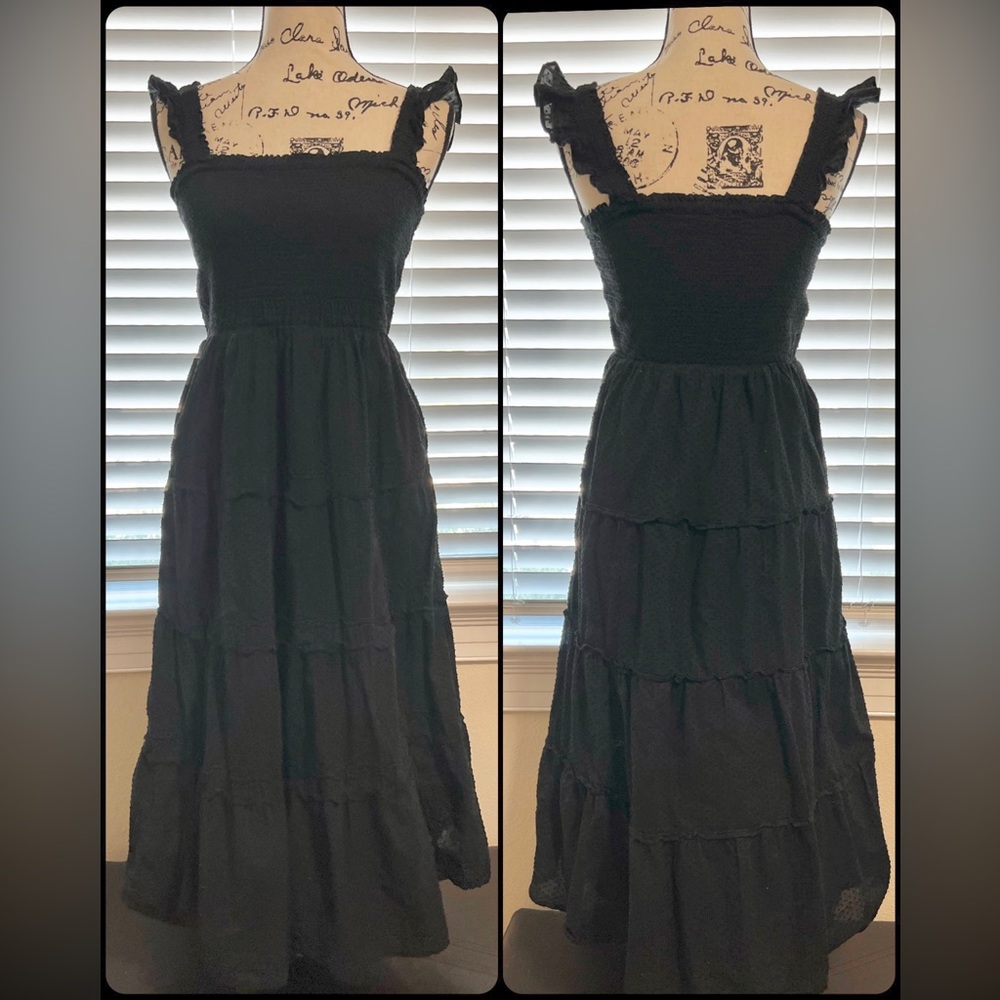 J. Crew Black Cotton Tiered Maxi Sundress Ruffle Straps